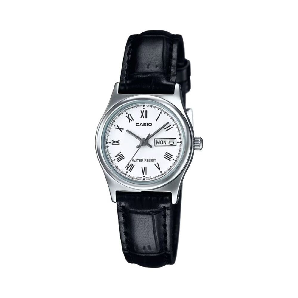 Casio Women’s White Dial Black Leather Strap Watch – LTP-V006L-7BUDF